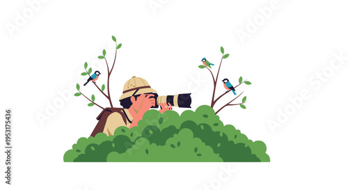 A person in a safari hat is photographing two small birds hidden behind green bushes.