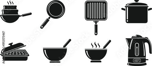 Black and white silhouette illustration of eight kitchen utensils and appliances including pots, pans, bowls, spoons, and electric kettle arranged in grid for cooking and culinary design concepts