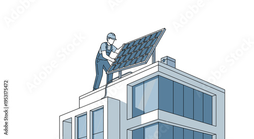 A man in a hard hat is installing a solar panel on the roof of a modern building.