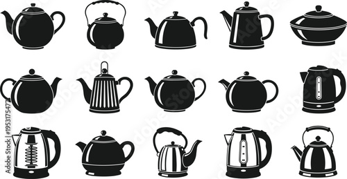 Black and white silhouette illustration of fifteen teapots and electric kettles arranged in rows, showcasing diverse designs, spouts, handles, lids, and kitchenware product comparison concepts