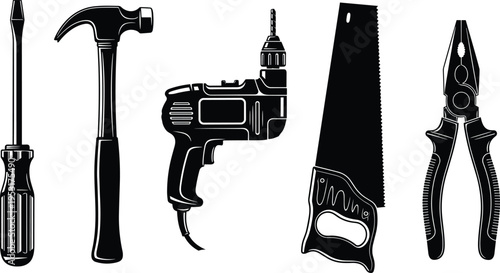 Black and white silhouette illustration of five construction and carpentry tools including screwdriver, hammer, drill, saw, and pliers, symbolizing repair, manual labor, and home improvement design