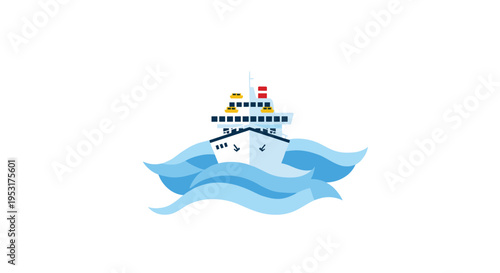 A stylized white cruise ship with colorful accents sails through blue waves, depicted from a frontal view.