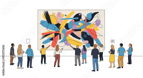A diverse group of people stands in an art gallery, observing and pointing at a large, colorful abstract painting.