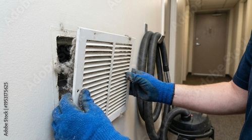 A man is cleaning a vent with a vacuum