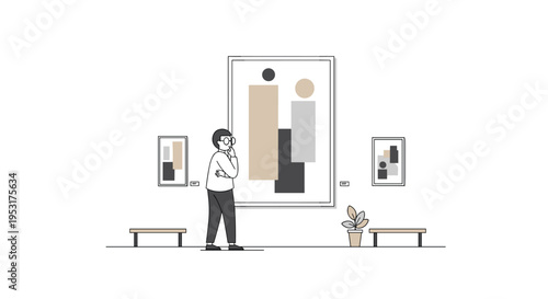 A man with glasses stands thoughtfully in a minimalist art gallery, observing a large abstract painting on a white wall.