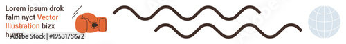 Sports, communication, global connection, digital networks, impact, motion. Boxing glove striking with wavy lines leading to a globe symbol. Communication and global connection concept