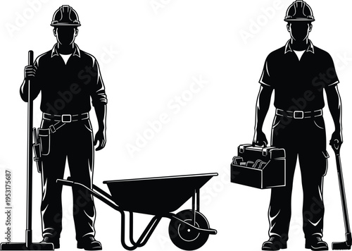 Black and white silhouette illustration of two construction workers wearing hard hats, holding broom, wheelbarrow, toolbox, and crowbar, symbolizing manual labor, building industry,