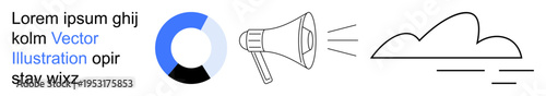 Data visualization, communication, marketing, announcements, cloud computing, minimal design. Circular chart, megaphone and cloud with text elements. Communication and marketing illustration