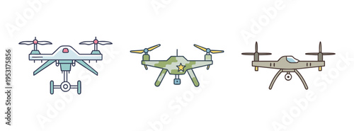 Aerial drone technology vector illustration showcasing different drone designs for various applications