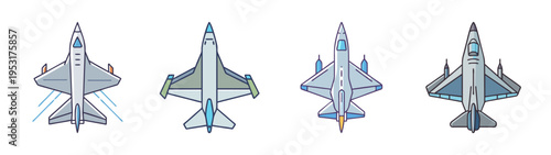 Aerial view of fighter jets aircraft plane vector illustration set design concept drawing