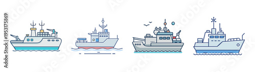 Illustration of fishing boats and commercial vessels for maritime industry and transportation needs