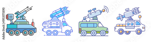 Illustration of futuristic vehicles with satellite dishes and missiles for defense systems and tech