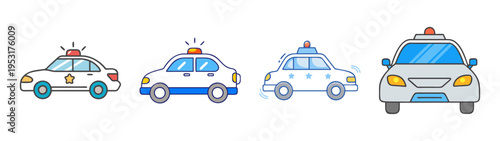 Cartoon police car vector illustration set for kids coloring book or educational resource material