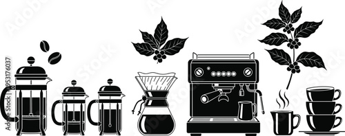 Black and white silhouette illustration of French press, pour-over, espresso machine, steaming cup, coffee beans, plant branches, and stacked cups, symbolizing coffee brewing, cult