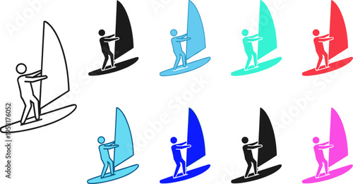 Windsurfing icons set, colorful surfer symbols, water sport activity illustrations, minimal flat design, isolated vector collection, modern outdoor lifestyle graphics