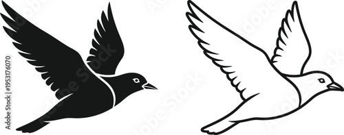 Flying Bird Silhouette and Outline Vector Icon Vector