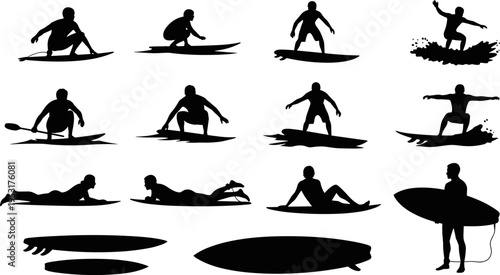 Surfing silhouettes set with surfers sitting paddling riding waves ocean sport beach lifestyle water activity isolated black collection