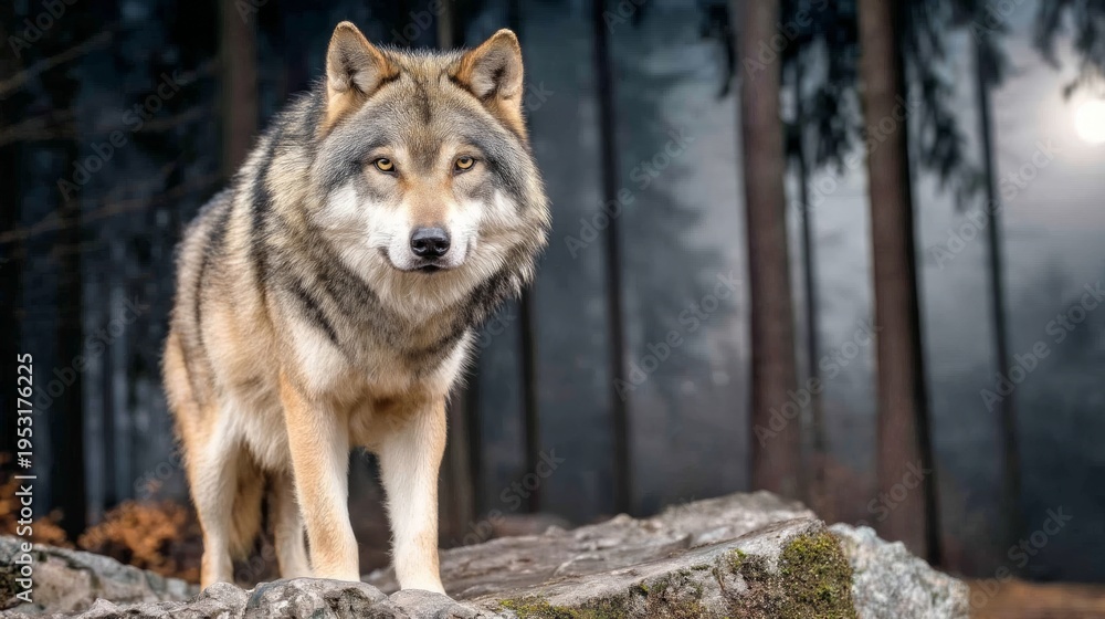Fototapeta premium Dominant Wolf Standing on Rock Guiding Pack in Enchanted Forest