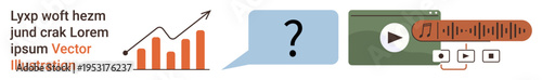 Data analysis, online communication, media playback, sound editing, business growth, digital entertainment. Chart, speech bubble media player sound wave . Data analysis and online communication