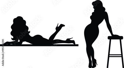 Elegant woman silhouette posing lying and standing with stool showing fashion beauty glamour confidence feminine style lifestyle concept