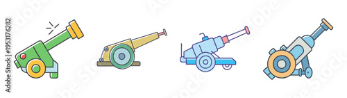 Cannon artillery vintage weapon cartoon illustration set of historical war machine equipment