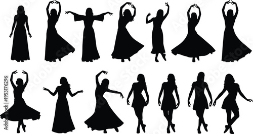 Elegant women dancing silhouette set, female ballet and freestyle dance poses, graceful movement art performance concept illustration