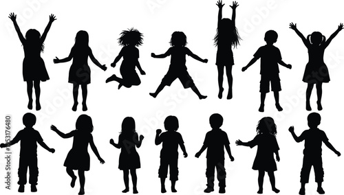 Happy children silhouettes jumping and playing poses set, boys and girls joyful movement collection isolated vector illustration