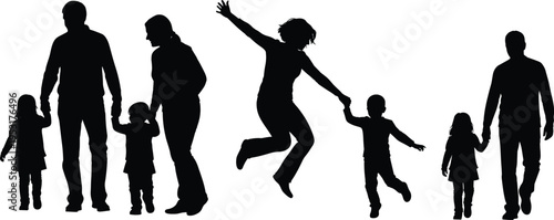 Happy family silhouette collection, parents and children walking playing jumping together, love parenting lifestyle people vector illustration