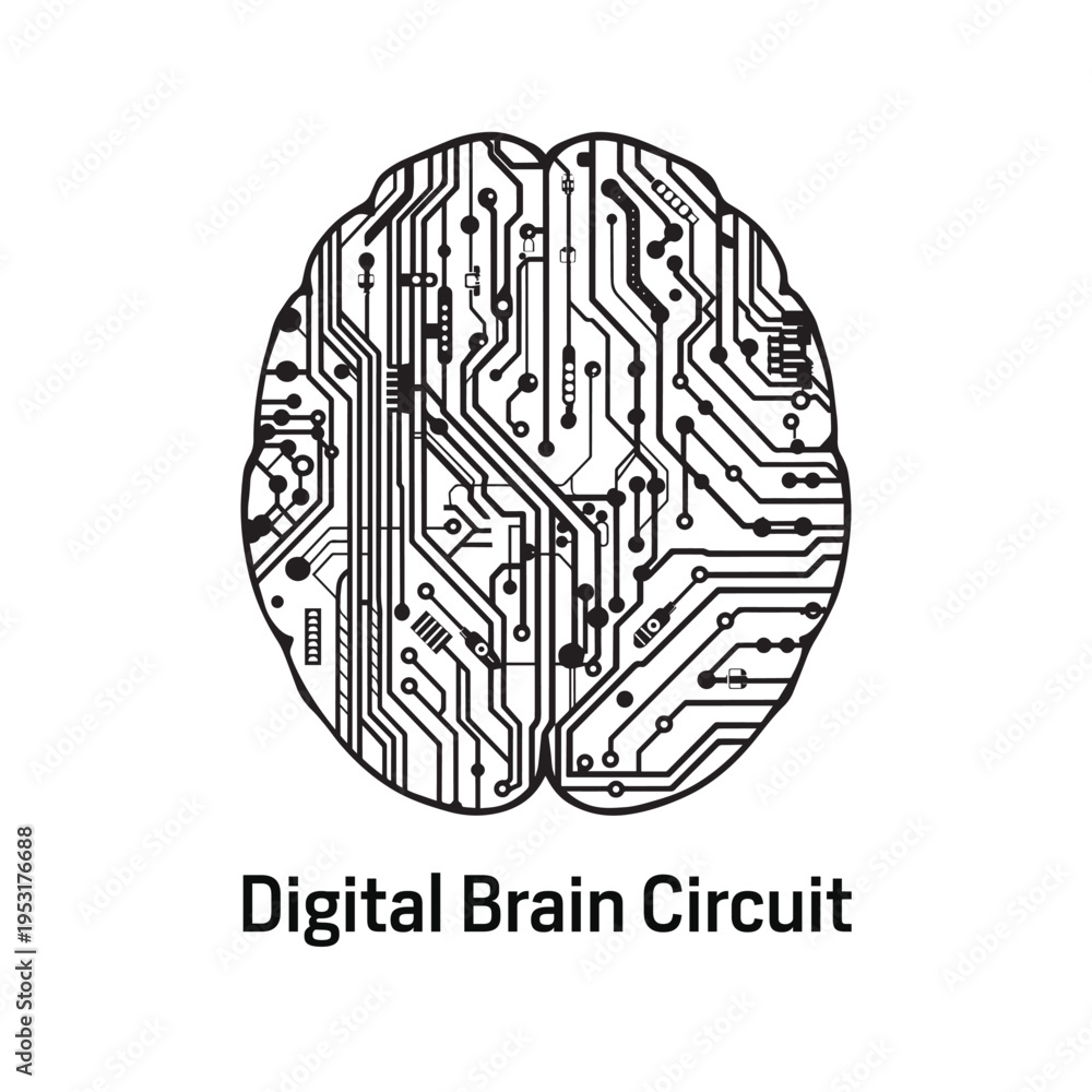 Fototapeta premium Digital brain circuit, black and white line art, overhead view of human brain filled with intricate electronic circuit board patterns, representing digital tech