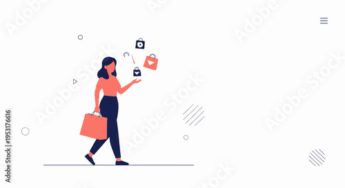 Woman juggling shopping bags, illustration of shopping and consumerism