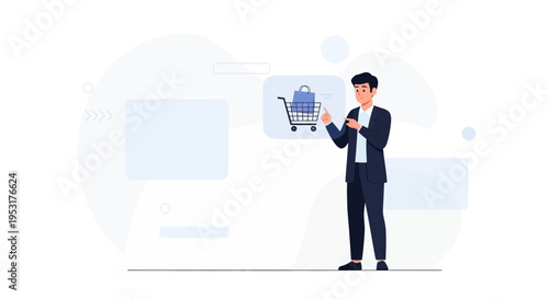 Man with Shopping Cart Icon, Online Shopping, E-commerce Concept, Digital Marketing