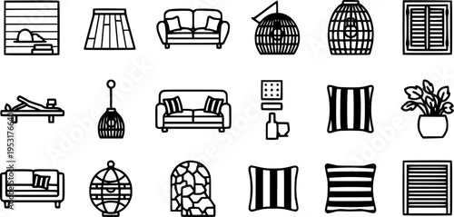 Bohemian Eclectic Interior Bold Line Icons-Macrame Wall Hanging Layered Rug Rattan Chair Patterned Throw Gallery Wall Velvet Cushion Plant Collection-15 Bohemian Interior Icon Set Vector - Eclectic