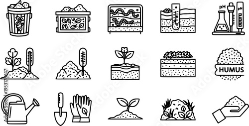 Soil Composting Bold Line Icons-Compost Bin Worm Farm Soil Profile pH Test Compost Thermometer Leaf Mold Green Manure Mulch Layer Humus-15 Soil Composting Icon Set Vector - Garden Soil Icons 