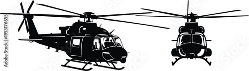 Helicopter silhouette vector illustration, rescue transport aircraft side and front view, aviation chopper icon isolated on white background