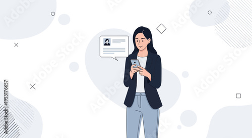 Businesswoman checking smartphone with profile notification on screen, modern abstract background