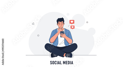 Young man sitting cross-legged, using smartphone, social media likes icons floating