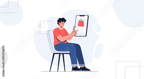 Man sitting on chair using smartphone for online shopping, modern illustration