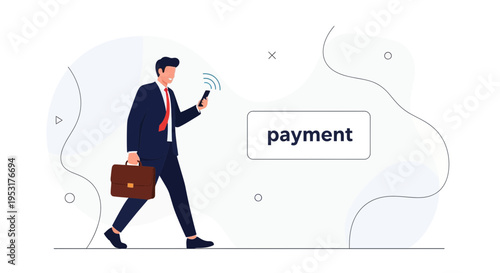 Businessman using smartphone for mobile payment on the go, modern finance concept