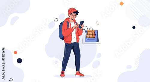 Young man with backpack using smartphone for online shopping, delivery bag