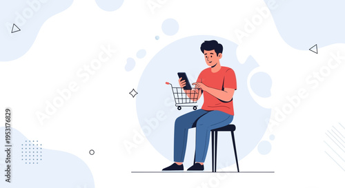 Man with smartphone and shopping cart, online shopping concept