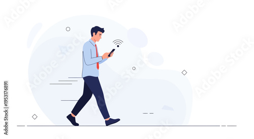 Man walking with smartphone, receiving wifi signal, modern business concept
