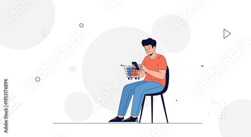 Man with shopping cart and smartphone, online shopping concept, flat illustration