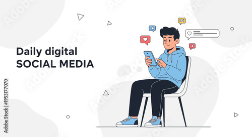 Young man using smartphone with social media notifications, digital communication concept