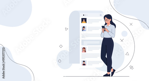 Woman using smartphone near digital profile list, online recruitment, HR, job search concept