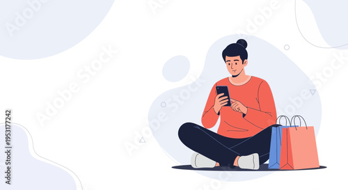 Man with shopping bags using smartphone, online shopping concept, flat illustration