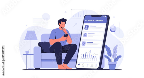 Man Using Mobile App for Monthly Expense Tracking and Financial Planning at Home