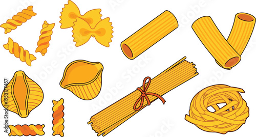 Italian Pasta Types Collection Vector Illustration with Fusilli Farfalle Rigatoni Conchiglie Spaghetti Bundle and Pasta Nest for Cooking and Food Design