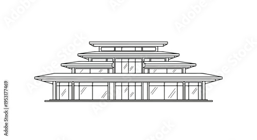 Line drawing of a modern multi-level building with a unique tiered roof design against a white background.