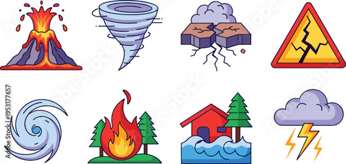 Natural Disaster and Environmental Hazard Icon Set Vector Illustration with Volcano Tornado Earthquake Hurricane Forest Fire Flood and Thunderstorm Warning