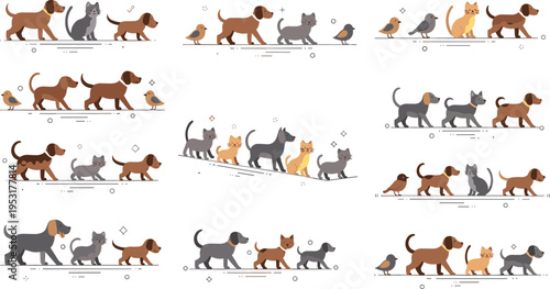 Dogs cats and birds walking together set, cute pets characters in motion, animal friendship scenes vector illustration collection for design
